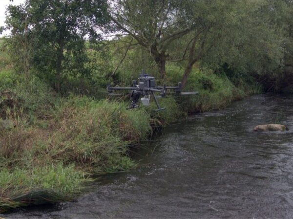 Drone carrying the Geolux RSS-2-AB surface velocity radar